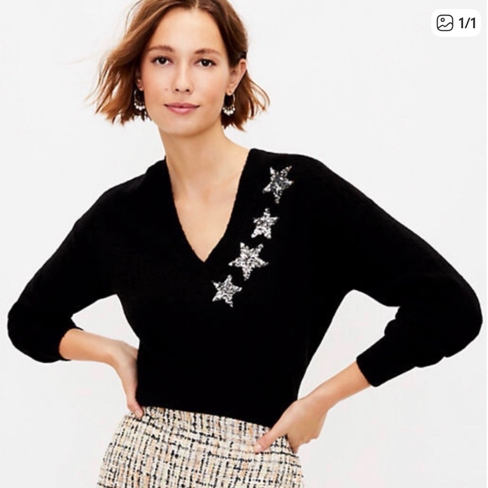 LOFT Black V-Neck Sweater with Star Accents